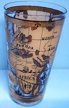 Vintage Cera Atlas Old World Map Highball Glasses 22K Gold Mid Century Modern
